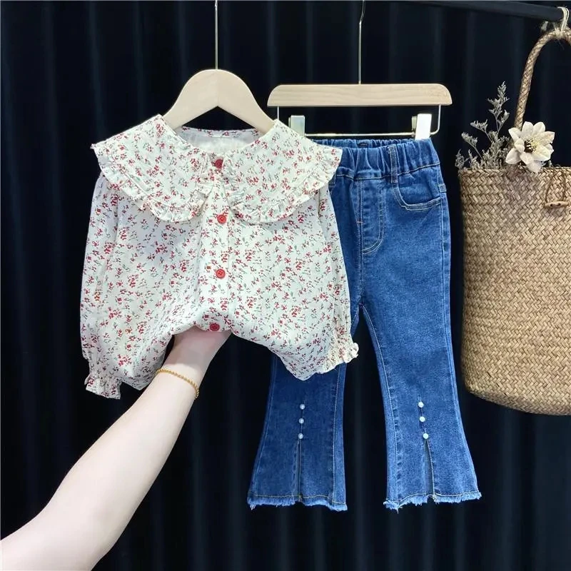 

Spring and Autumn Girls Clothes Sets New Fashion Children's Long Sleeve Shirts Jeans Flared Pants Two-piece Baby Suits