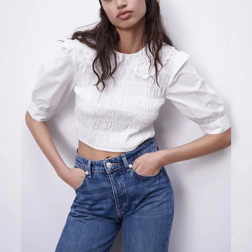 

Женская блузка из поплина, белая укороченная блузка со вставками на воротнике, винтажные женские рубашки с коротким рукавом, шикарные топы, ...