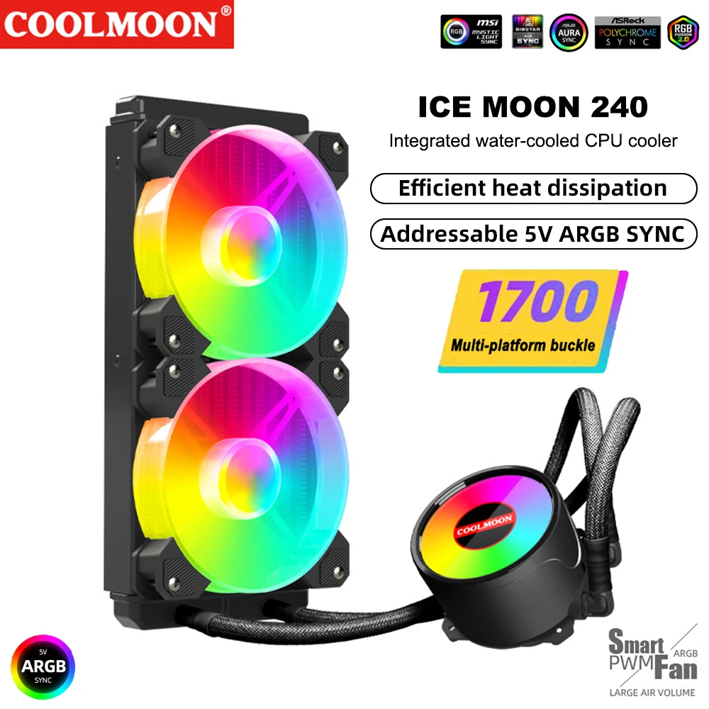 

Coolmoon 240mm Liquid Ventilador Water Cooling TDP250W CPU Cooler 5V 3Pin ARGB 4Pin PWM Radiator for AM5 LGA1700/115X/2011/AM4