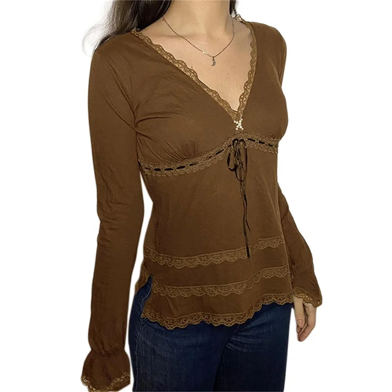 

Women Y2K Long Sleeve Patchwork Lace Square Neck Crop Top T shirt Slim Fit Harajuku Vintage Streetwear T-Shirts Tops