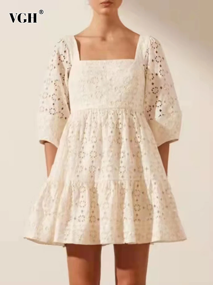 

VGH Casual Plain Dress For Women Square Collar Puff Sleeve High Waist Solid Mini A Line Dresses Female Fashion Clothes Style New
