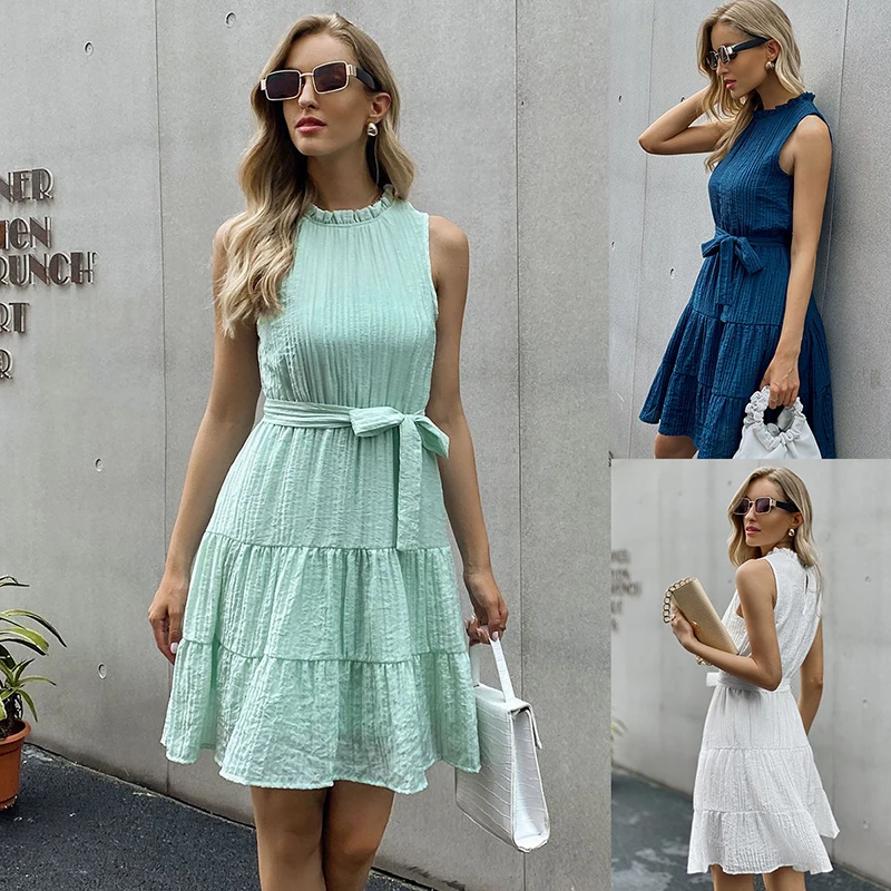 

Sexy O Neck Sleeveless Bandage High Waist Women's Summer Elegant Mid Dress 2022 Fashion Casual Solid A Line Street Woman Vestido