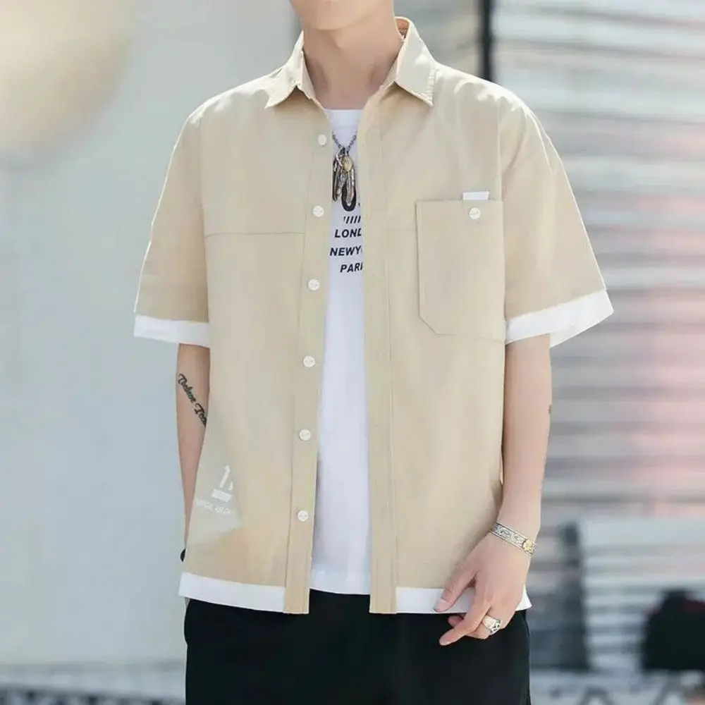 Basic Short Sleeve Shirts Men Harajuku Shirts Male Casual Shirts Streetwear Fashion Korean Printed Retro Color Contrast