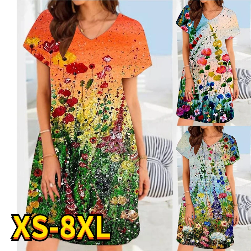 

Женское Короткое мини-платье с цветочным принтом, короткое Повседневное платье с V-образным вырезом и коротким рукавом для отпуска, весна-ле...