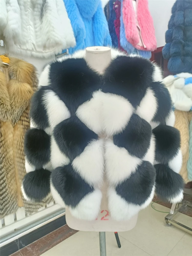 Luxury High-end Real Fox Fur Coat Wholeskin Natural Fur Jacket Checkerboard Plaid Pattern Ladies Fashion Overcoat Plush