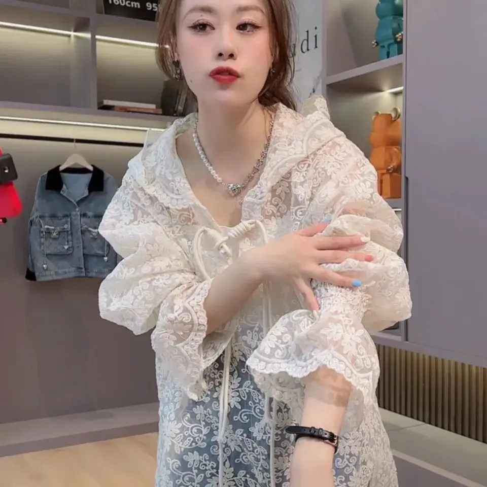 

Women's Jacket Loose Korean Style Crochet Lace Hooded Jacket Women's 2022 Summer Drawstring Sun Protection Clothing