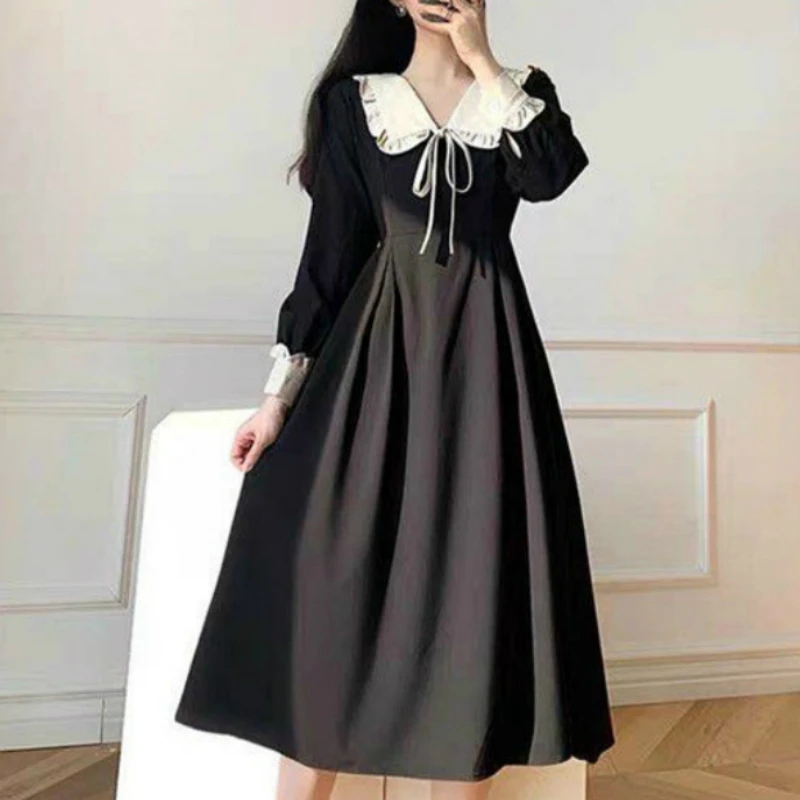 

Dress Womens Long Sleeve High Waist Slim Simple Vintage Spliced Bow Sweet A-line Elegant Mid-Calf Korean Style Female Dresses