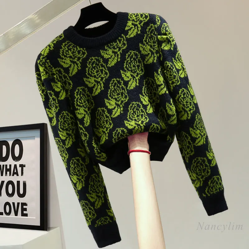 

2023 Spring Winter Korean Style New Puff Sleeve Round-Neck High Waist Short Sweater Womans Vintage Floral Long Sleeves All-Match