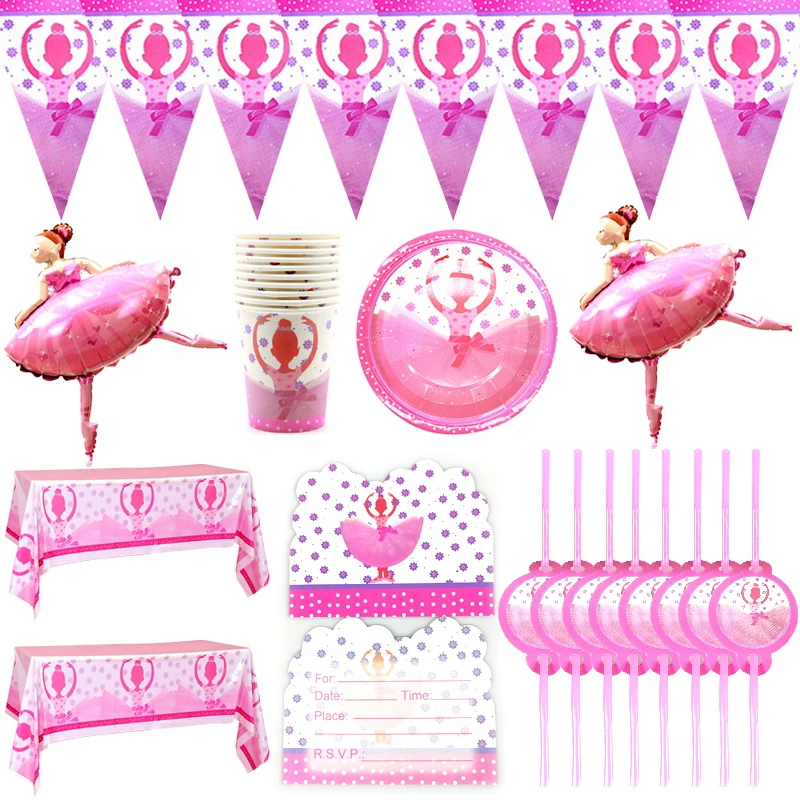 

55pcs/lot Ballet Theme Invitation Cards Straws Birthday Party Plates Cups Decorate Flags Girls Favors Baby Shower Tablecloth