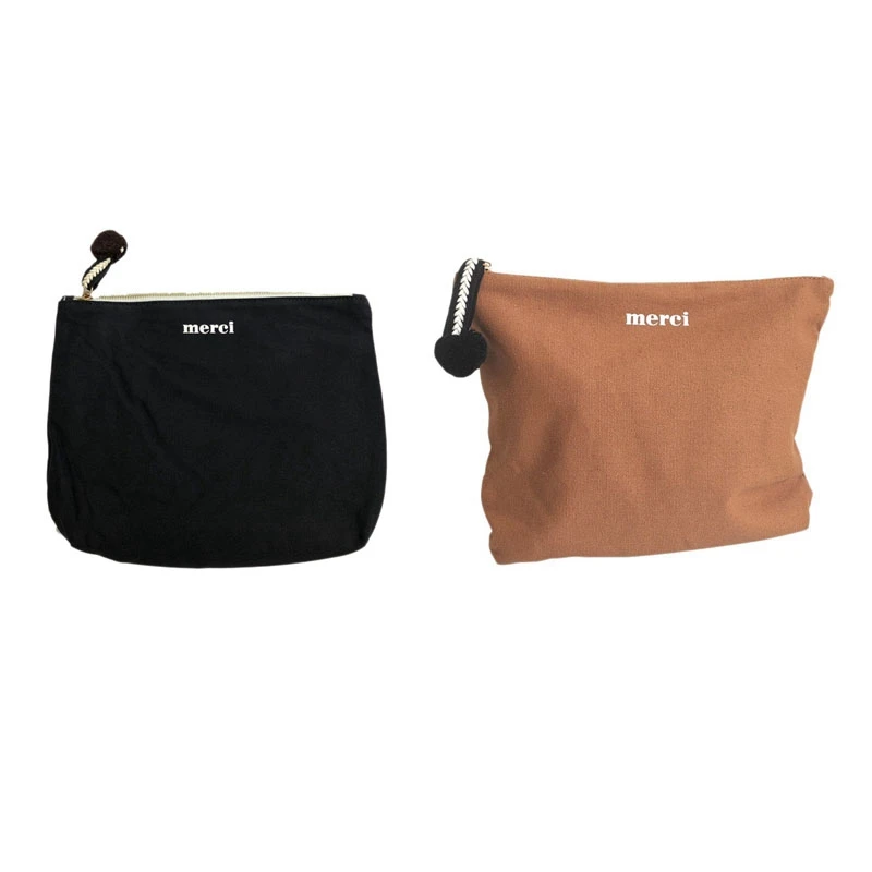 

2 Pcs Women Korean Canvas Cosmetic Bag Wash Bags Travel Cosmetic Pouch Make Up Organizer Clutch Bag, Brown & Black
