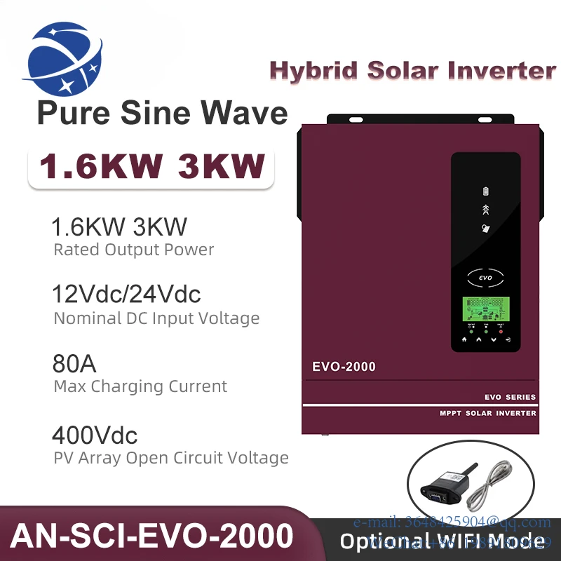 

Hybrid Solar Inverter 12V 24V 3KW 1.6KW 220V 230V Pure Sine Wave Inverter 3000W 1600W Built in MPPT 80A Solar Charger Controller