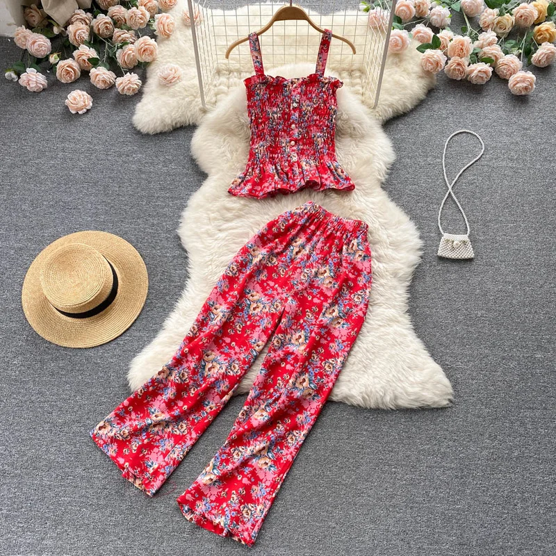 

Nomikuma Two Piece Sets Womens Outifits Summer Sleeveless Pleated Floral Print Ensemble Femme Retro Fashion Conjunto Femenino