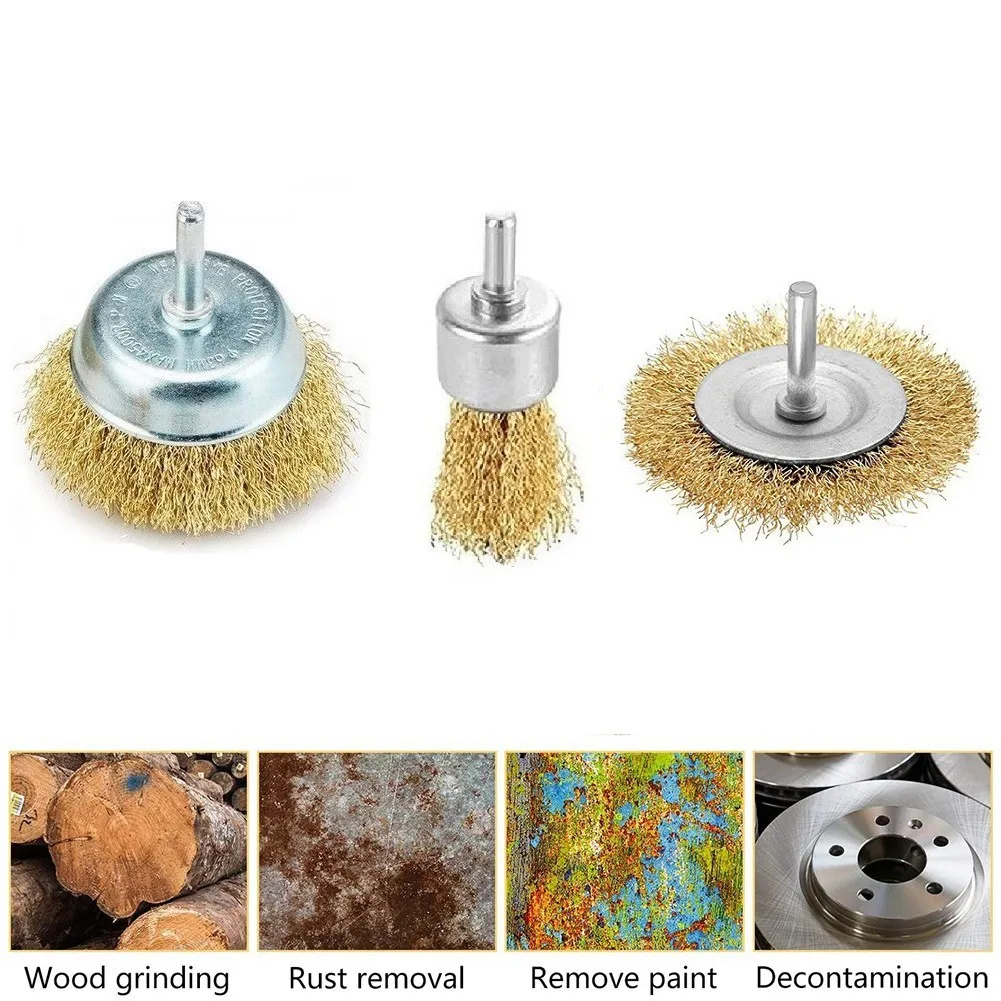 

3 Pcs 6mm Wire Brush Hardened Steel Wire For Drill Attachment Brass Coated Polishing Brushes Electrical Brush Cleaning Tools