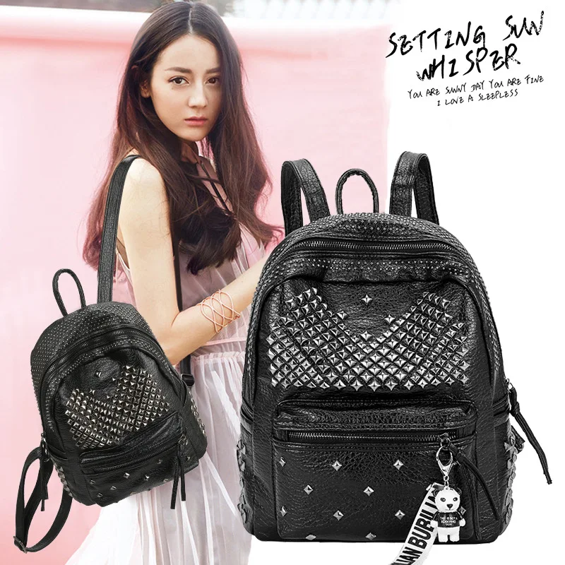 

Trendy Washed Leather Rivet Backpack Women's Casual Backpack Korean Version Pu Fashion Women's Bag Travel Small Bag