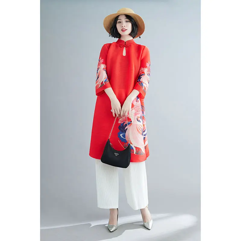 

Pleated 2022 new spring retro national wind printed temperament a word skirt large size new year red half sleeve dress