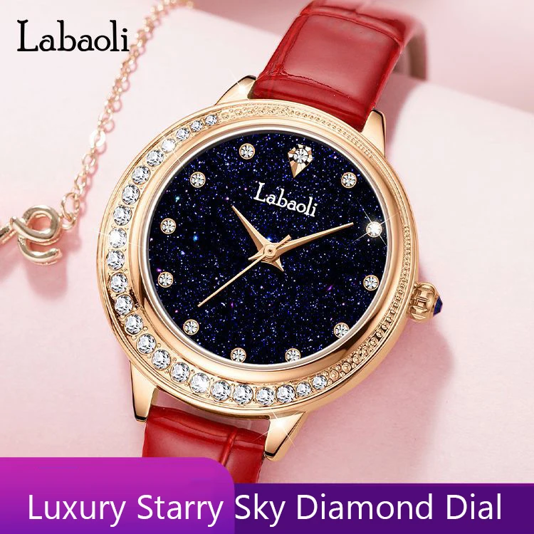 

Luxury Women Watch Elegant Diamond Inlay Bezel Starry Sky Dial Female Red Rose GOLD Clock Iced Out Case Wristwatch Ladies Reloj