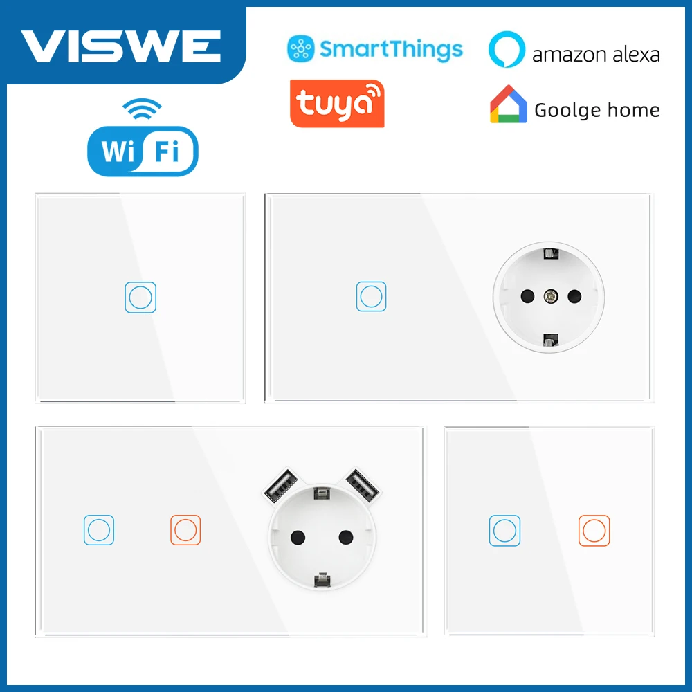 

VISWE Wifi Wall Touch Remote Control Switch And Socket,Fully Toughened Glass Panel 153mm*82mm EU Smart Switch With Socket