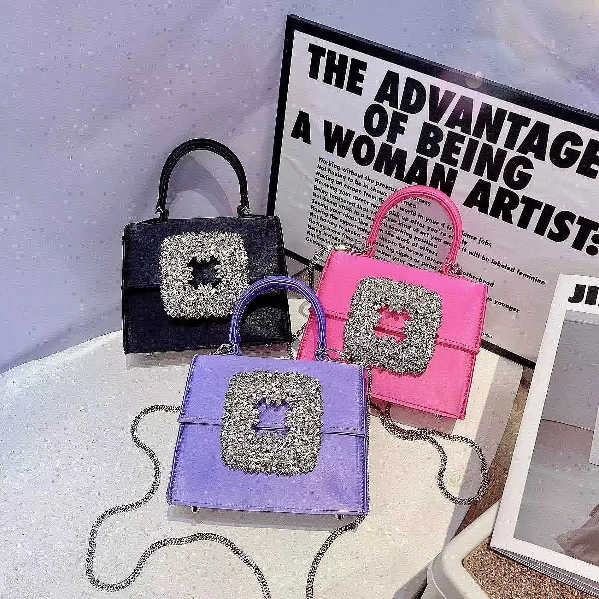 Luxury Designer Satin Square Bag Rhinestone Diamond Evening Bag Wedding Party Clutch Purse Women Handbag Shoulder Messenger Bag