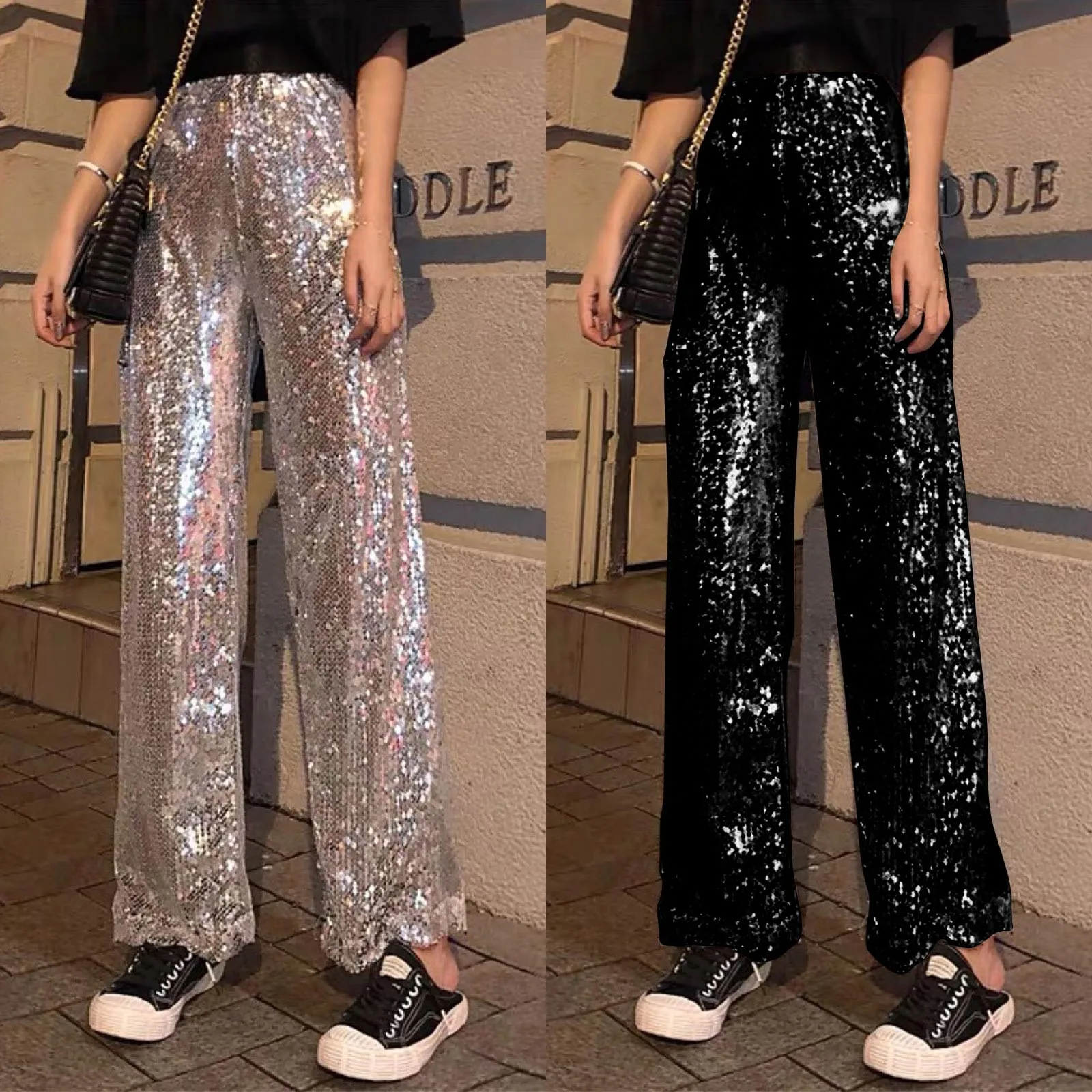 

High Waist Glitter Pants Fall Winter Outfit Women 2023 Silver Sparkly Flare Sequined Trouser Party Night Clubwear Y2K Sweetpaant