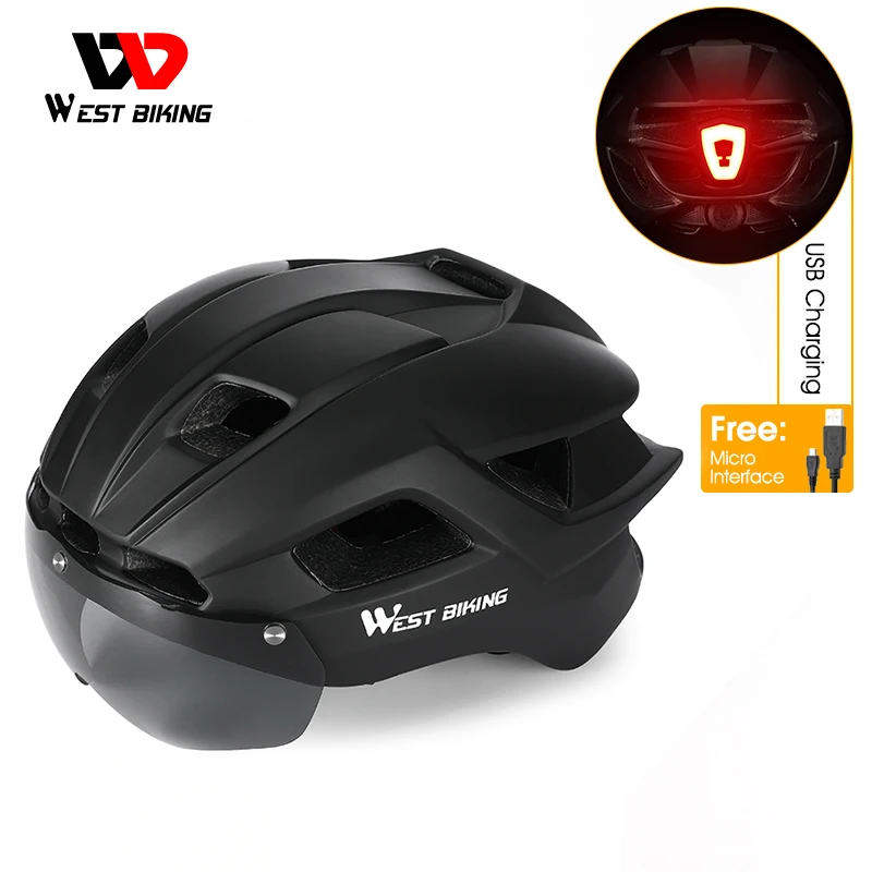 

WEST BIKING Cycling Helmet With Taillight Goggles Sun Visor Lens Men Women Safety EPS MTB Road Bike Motorcycle Bicycle Helmet