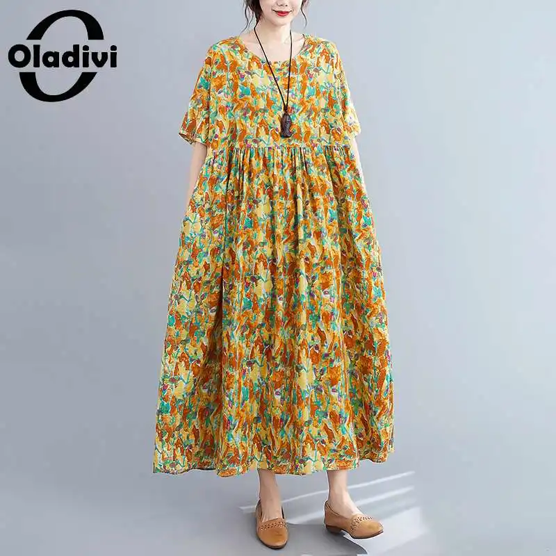 

Oladivi Oversized Clothes Summer Boho Dresses Women Holiday Beach Wear Fashion Print Maxi Long Dress Casual Ladies Leisure Tunic