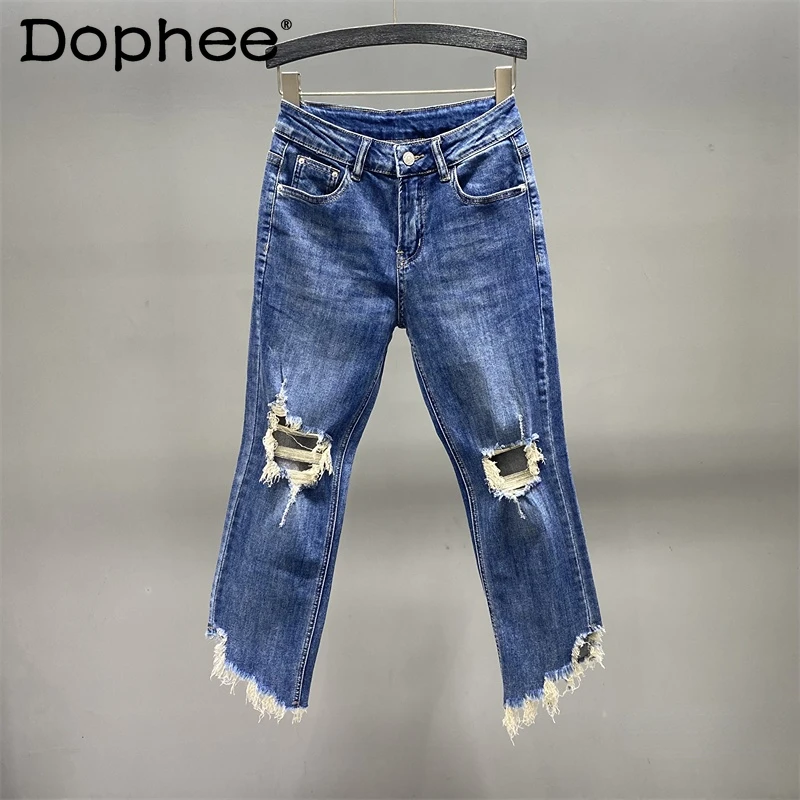 

2022 Summer Holes Jeans for Women New Big Ripped Straight Blue Denim Pants Elastic Slim Fit High Waist Cropped Trousers Femme