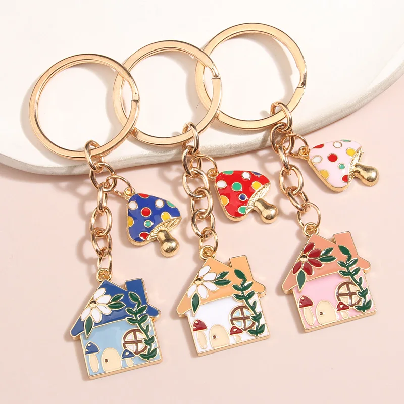 

Cartoon Enamel Keychain Mushroom House Key Ring Flower Leaf Home Key Chains For Women Men Car Keys DIY Handmade Jewelry Gifts