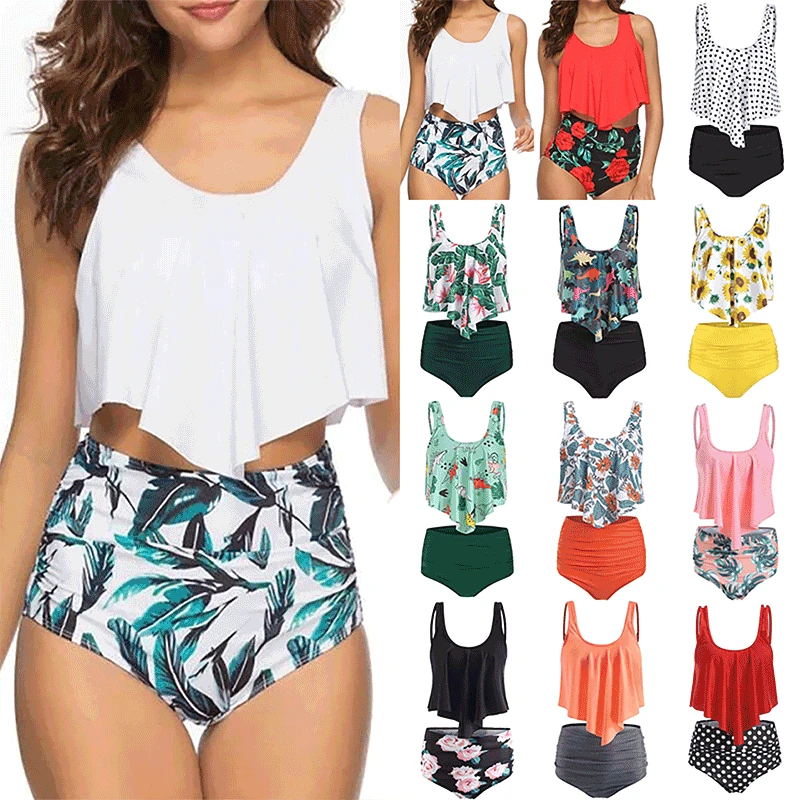 

Swimwear Ruffles Women Suits Two Piece Sets Printed Beachwear High Waist Bikini Set Bottoms Push Up Tankini Swimsuits Women