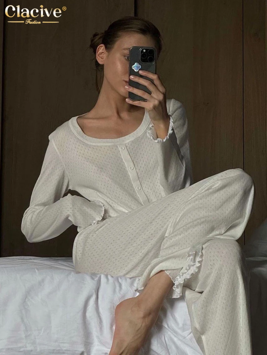 Clacive Повседневный свободный белый Хлопковый домашний женский комплект из двух