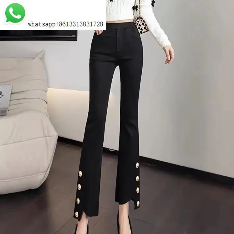 

23 Spring and autumn new Korean version of fashion high waist micro flare pants show thin slit breasted nine points casual pants