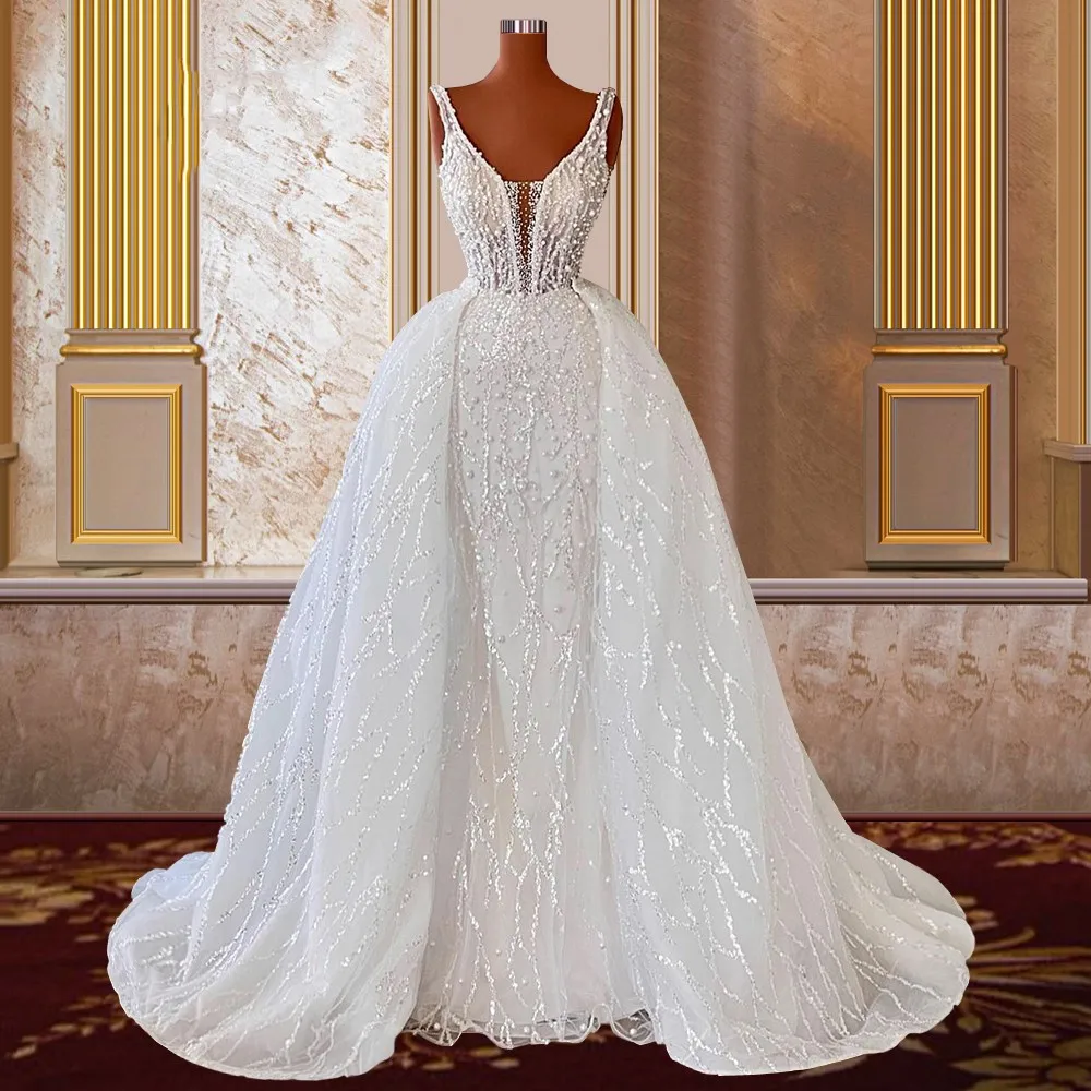 Full Pearls Mermaid Wedding Dress with Detachable Skirt Deep V Neck Lace Beaded Bridal Gowns Women 2023 Robes De Mariée