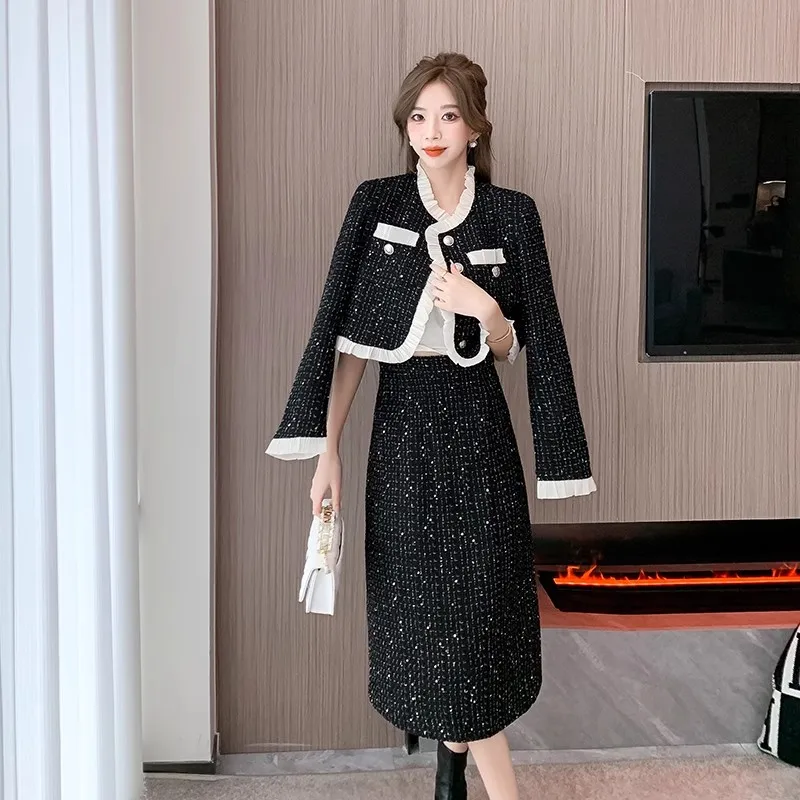 

French Luxury Fashion Sequins Tweed 2 Piece Set Women Long Sleeve Top Short Jacket Coat + Long Skirt Suits Female Two Piece Sets