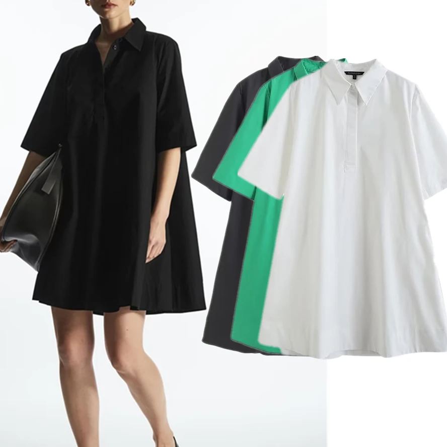 

Elmsk французская мода, женское однотонное платье-рубашка, повседневное хлопковое свободное мини-платье для женщин