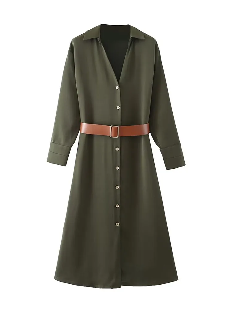 

Women 2022 Autumn New Chic Fashion With belt silk-satin textured Dress Vintage Long Sleeve Female Dresses Vestidos Mujer