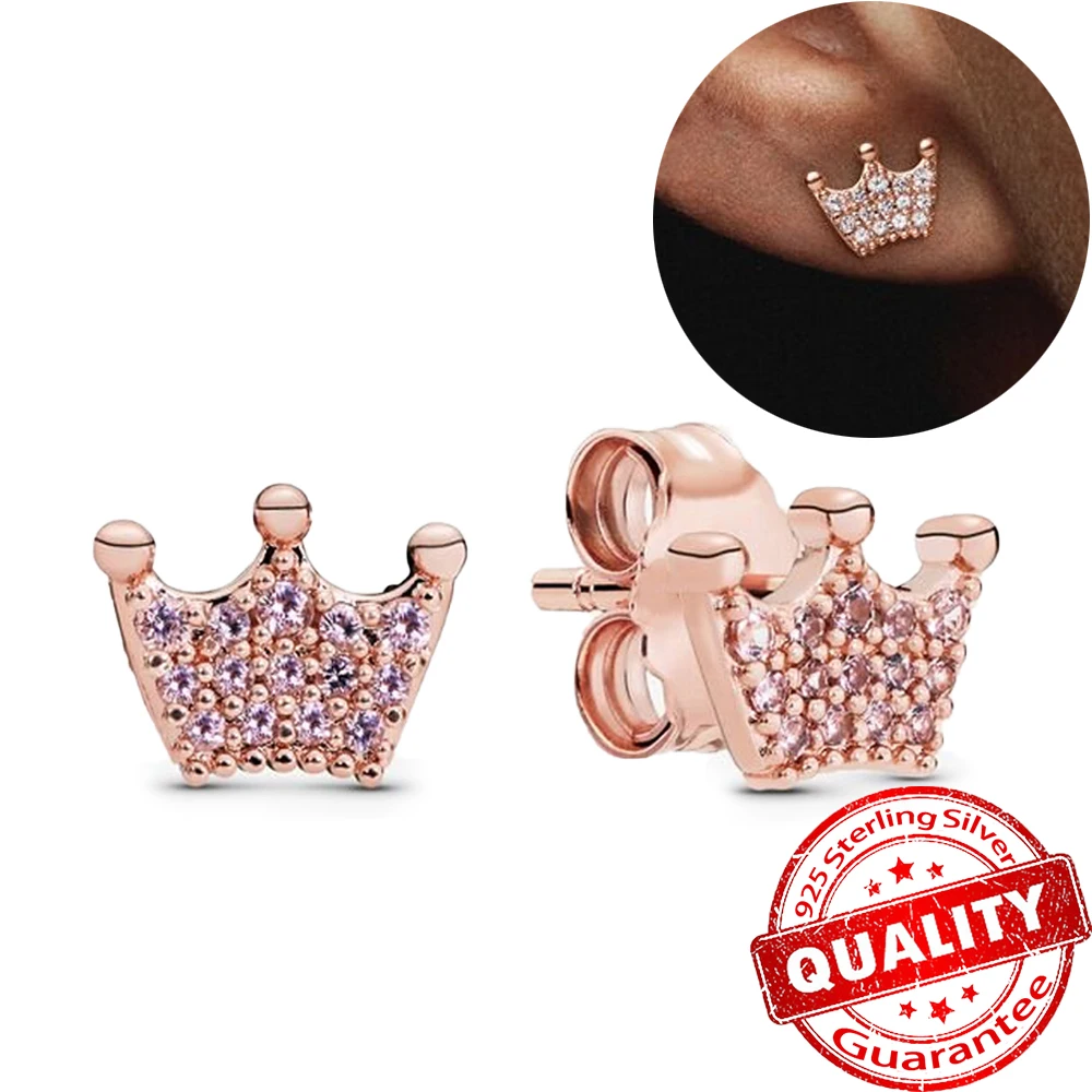 

Real 925 Sterling Silver Pave Crystal Rose Gold Crown Stud Earrings DIY Girl Jewelry Earring Gift Making