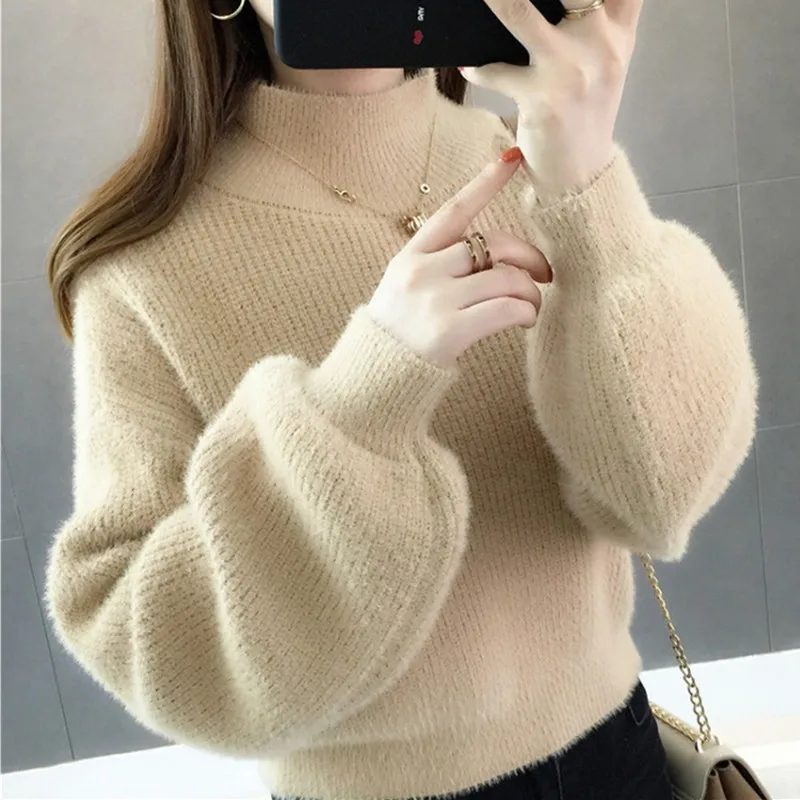 

Women's Short Sweater mujer Khaki Solid Kawaii Soft Woolen Winter Mohair Pullover Lantern Sleeves Loose Cashmere Velvet knitted