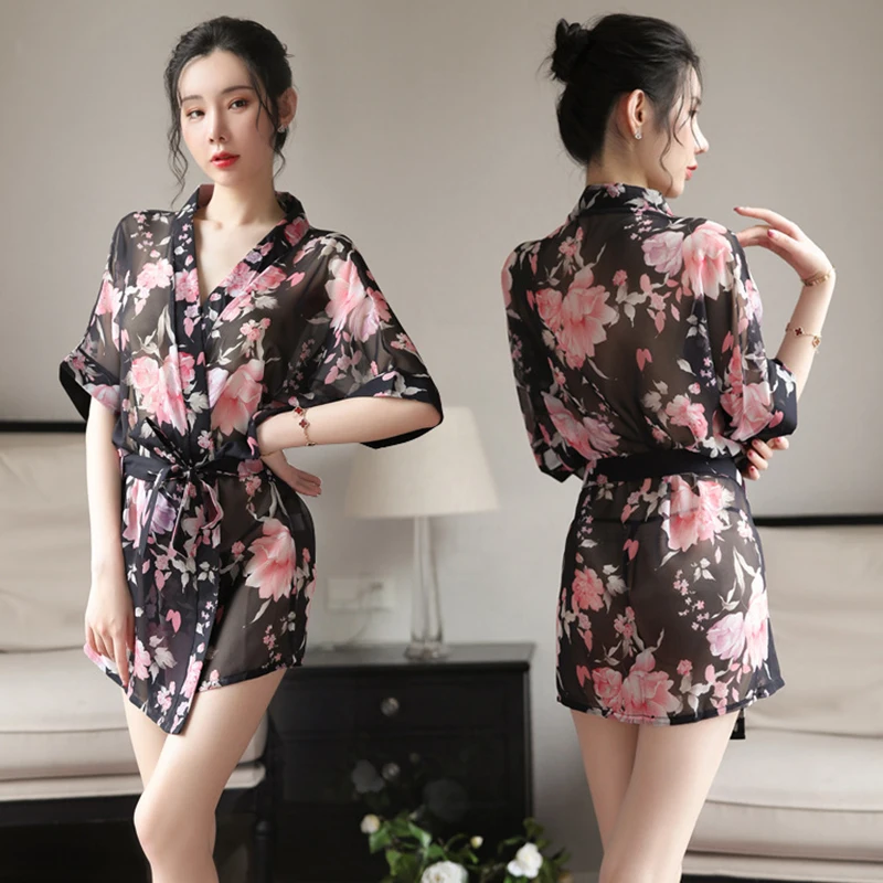Women Perspective Robes Casual Flower Home Clothes Deep V Nightwear G-String Sleepwear Kimono Bathrobe Blouses Mesh Sleepwear