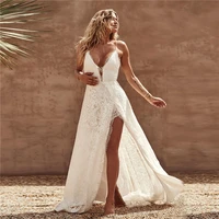 sexy wedding dresses boho 2022 a line backless high slit lace beach bridal gowns bohemian bride dress vestidos novias boda
