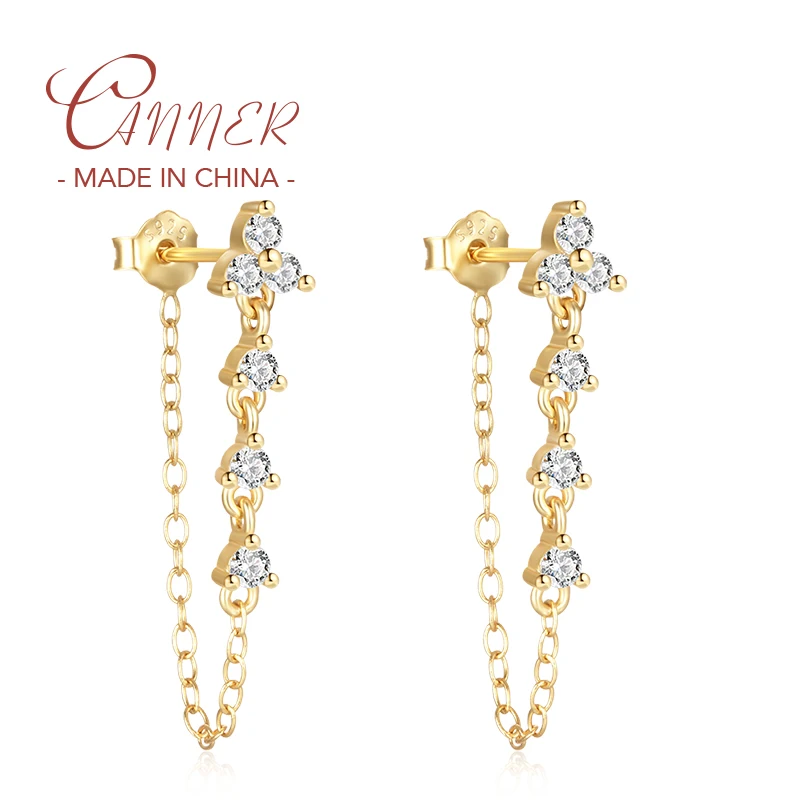 

CANNER New 925 Sterling Silver Crystal Zircon Flower Tassel Chain Stud Earrings for Women Wedding Jewelry Gift Pendientes Серьги