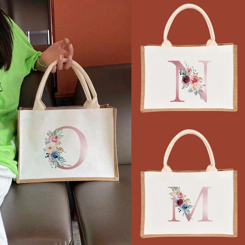 

Женская Джутовая сумка-тоут, многоразовый пляжный вместительный шоппер розового цвета с надписью и ручкой