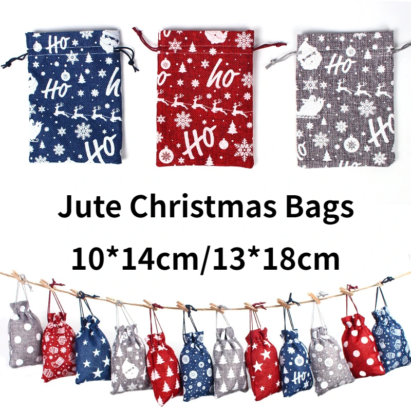 

Jute Christmas Bags 10Pcs/lot Gift Bags Drawstring Burlap bag with Jewelry Packaging Dotted snowflake Xmas Bag with Candy Bag