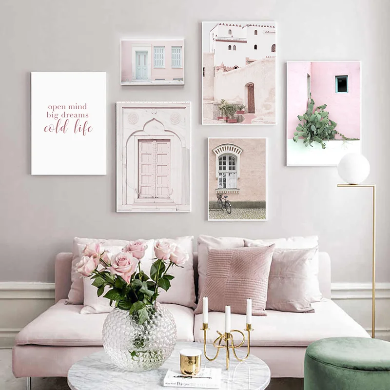 

Canvas Painting Pink Door Balcony Cactus Poster Nordic Print Landscape Trendy Artwork Picture Modern Home Decor