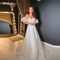 verngo 2022 new design glitter a line wedding dresses spaghetti straps puff sleeves lace tie back bridal gowns vestido de novia