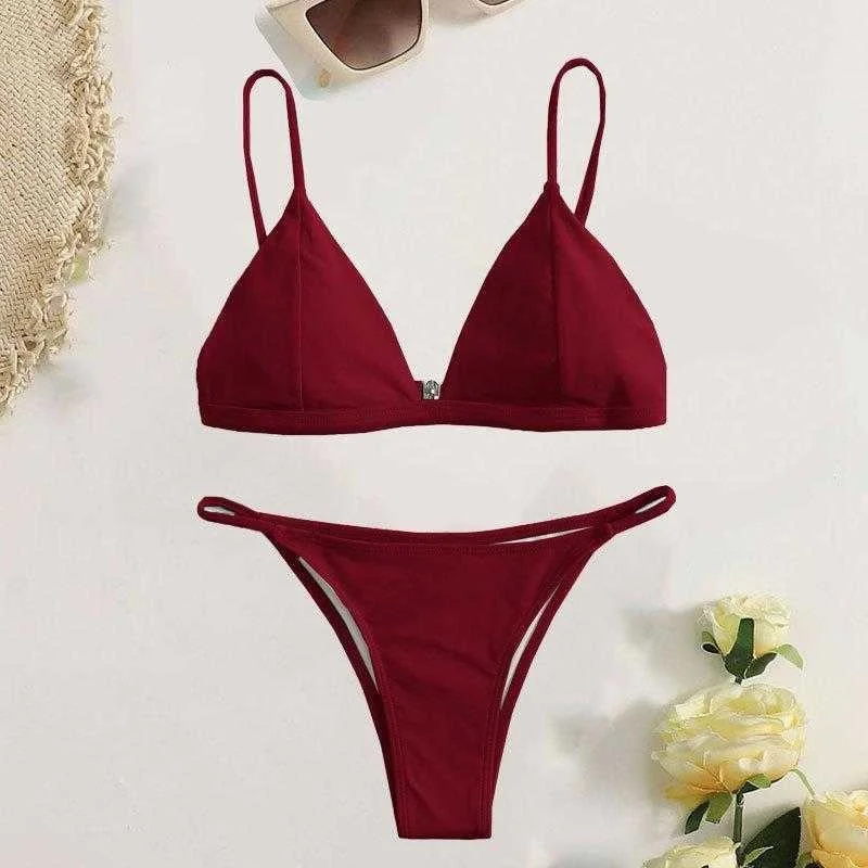 

Swimsuit Summer Sexy Solid Color Split Open Back Three Point Bikini
