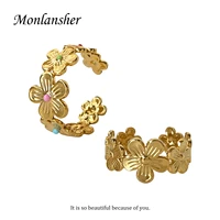 monlansher cute delicate bloom flower open adjustable ring gold color stainless steel finger ring for women daily jewelry gift