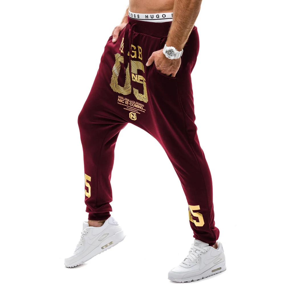 NEW 2022 Spring Autumn Casual Low Crotch Hip Hop Beam Foot Leg Pants Streetwear Street Dance Gold Number Printed Trousers Men