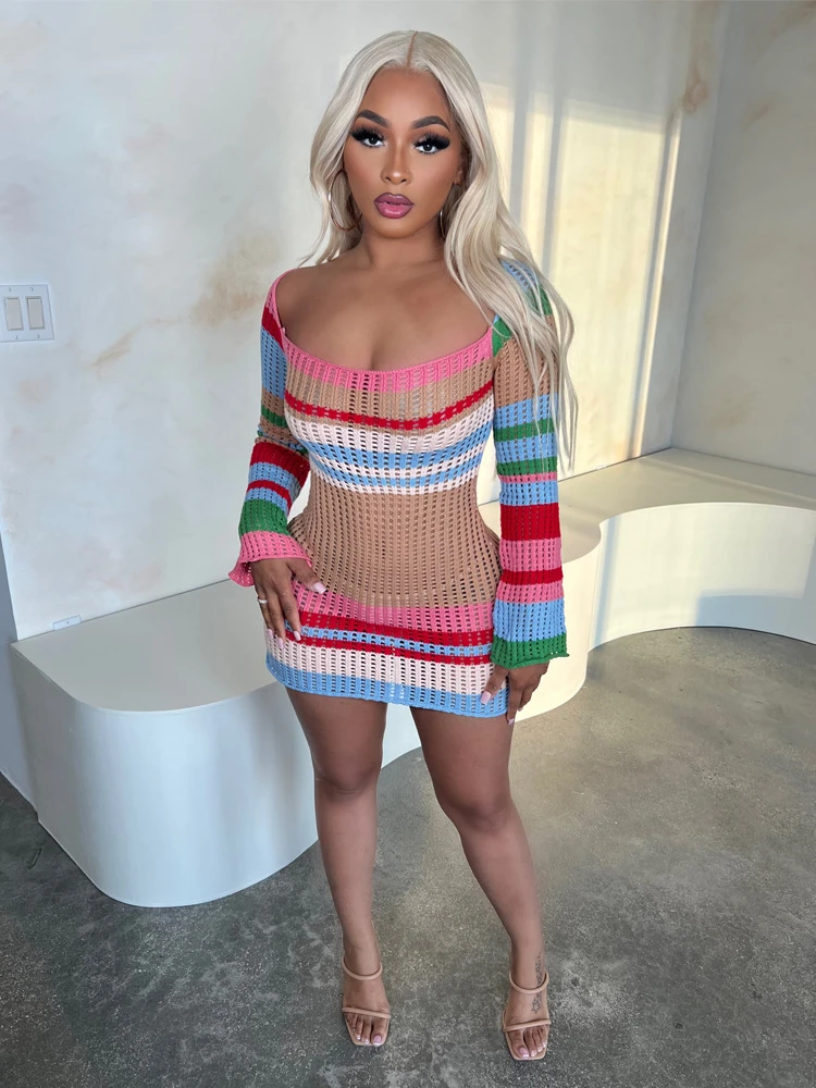 

Coloful Knit Hollow Out Women Bodycon Mini Dress Contrast Color Striped Round Neck Long Sleeve Skinny Autumn Vacation Streetwear