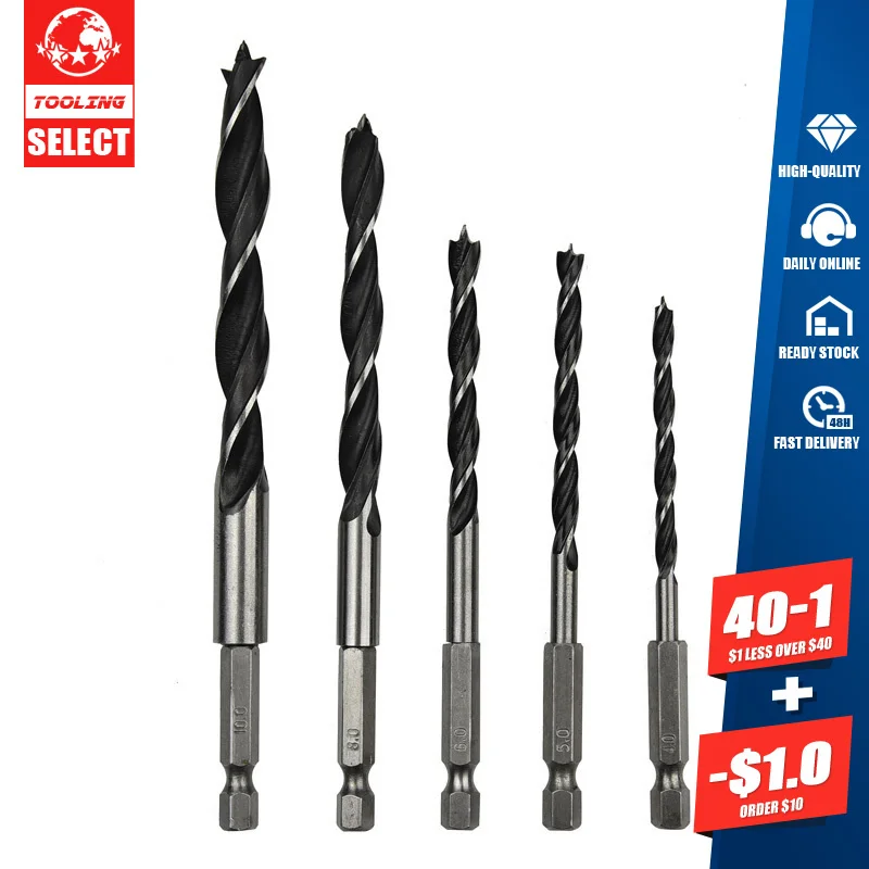 5pcs High Quality 1/4 4/5/6/8/10mm Hexagonal Handle Three Pointed Woodworking Drill Bit Set Reaming Hole Power Tool Parts