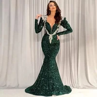 dark green sequined evening dresses long sleeves mermaid prom gown lace appliques women reception birthday engagement robe