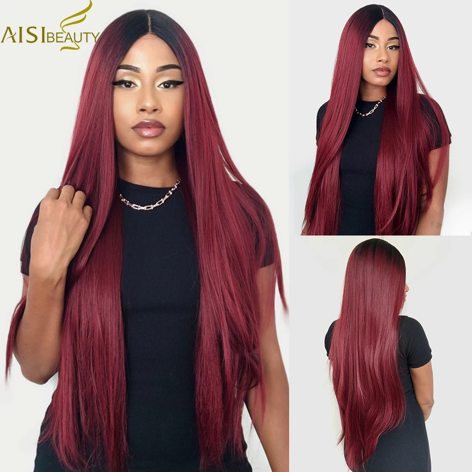 

AISI BEAUTY Synthetic Ombre Wine Red Long Straight Wigs for Women Middle Part Blonde Black Brown Pink Orange Cosplay Wigs